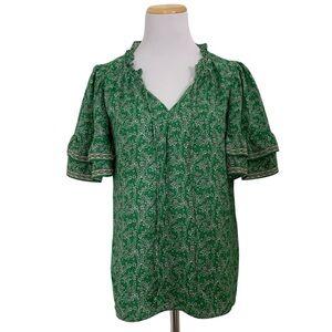 Max Studio Floral Bell Sleeve Blouse Women’s M Green V Neck Short Sleeve